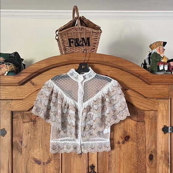Beulah Tops - BEULAH Style Victorian-Inspired White Lace Blouse with Golden Embroidery Size: S